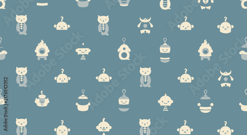 Cute Pixel Art Characters Seamless Pattern, Kawaii Retro Style