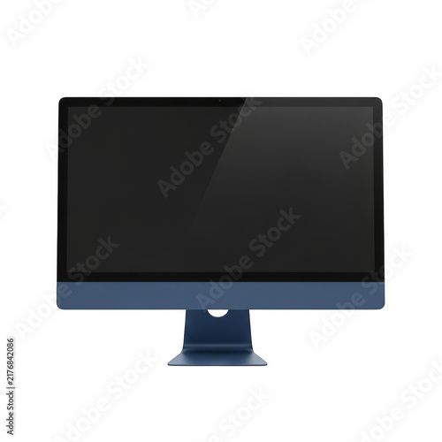 Modern blue desktop computer monitor with a blank black screen for display isolated on transparent background
