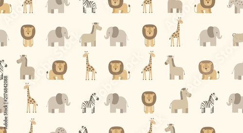 Cute Safari Animals Seamless Pattern, Baby Animals Repeat Background