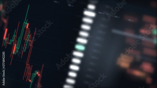 Bild auf Leinwand Stock trading screen close up with a candlestick chart, price ladder, and order
