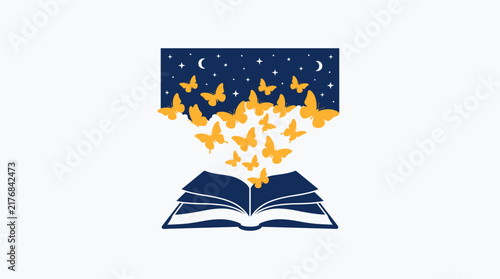 Butterflies Escaping from an Open Book with a Magical Starry Night Sky Background Illustration