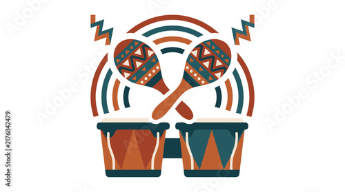 Maracas and Bongo Drums Vector Illustration with Vibrant Musical Sound Waves Design