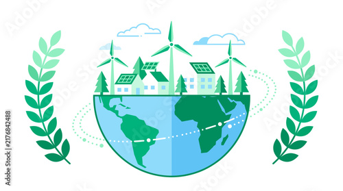 Sustainability Concept Illustration Featuring Globe with Solar Panels and Wind Turbines