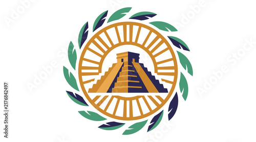 Ancient Step Pyramid Emblem with Sunburst and Laurel Wreath Frame