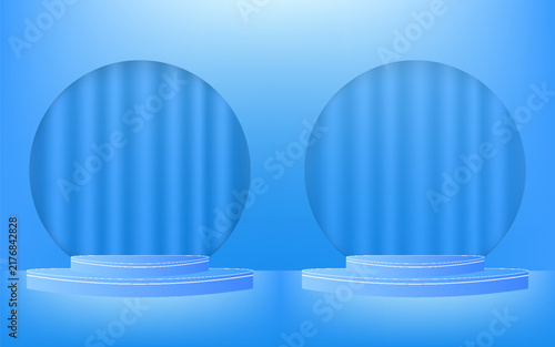 Blue podium stage with circular background and glowing light effect for product presentation