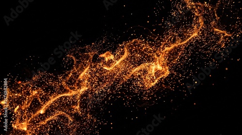 Golden glowing particle sparks wave abstract flowing fire ember dust on black background