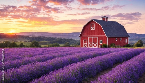 Red barn in lavender field during golden hour sunset with rolling hills and dramatic sky