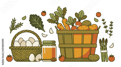 Fresh organic farm vegetables eggs honey illustration harvest basket vector graphic set. EPS Editable