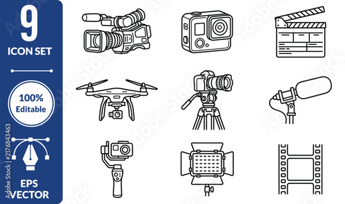 Set of video production and filmmaking equipment outline icons including camera drone microphone and film strip elements