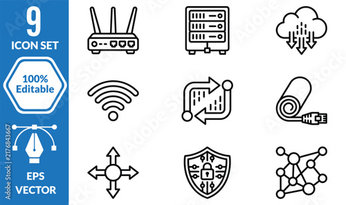 Set of nine network and connectivity line icons for web and mobile technology applications