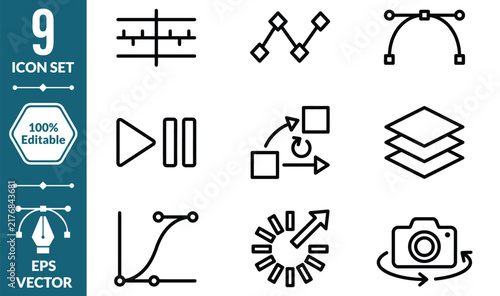 Set of nine vector line icons representing graphic design tools and digital software functions