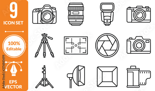 Set of nine photography equipment icons featuring cameras lenses and studio lighting tools
