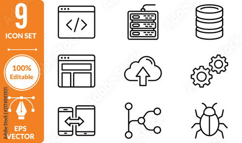 Set of nine web development and technology line icons for software design