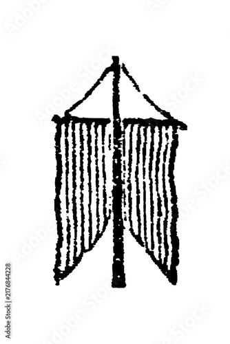 Pentagonal banner on a central pole with symmetrical vertical lines, old vintage illustration, 1897.