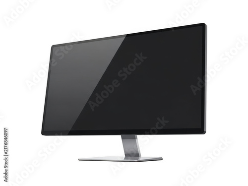 Modern computer monitor with a blank black screen on a desk isolated on transparent background