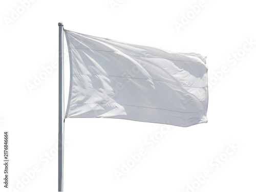 A simple plain white flag waving on a metal pole isolated on transparent background