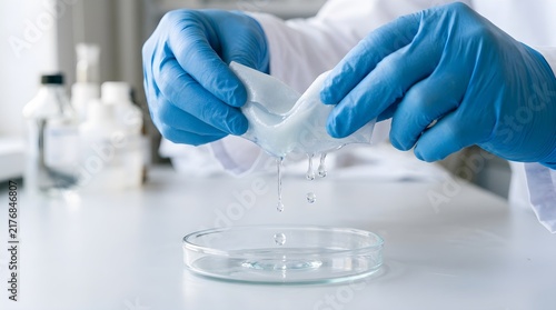 Close-Up of Gloved Hands Examining Dripping Sheet Mask Essence into Glass Dish