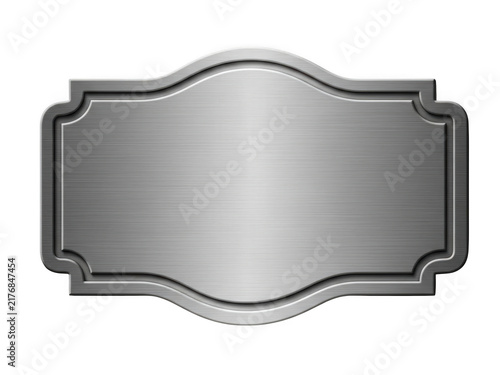 Decorative silver metal badge with a brushed texture and vintage frame shape isolated on transparent background