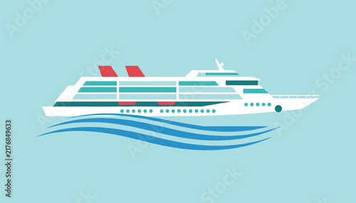 Cruise ship illustration depicts a luxury vessel sailing smoothly over blue ocean waves against a clear sky blue background.