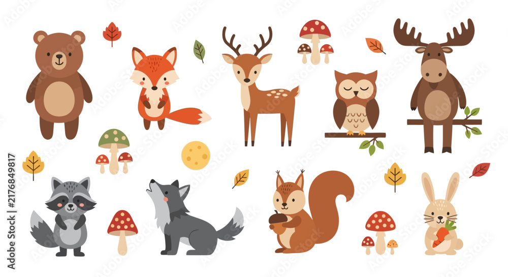 Naklejka premium Forest animal character set with autumn leaves and mushrooms.