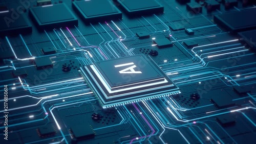 AI Processor Chip on Futuristic Circuit Board with Glowing Data Transfer