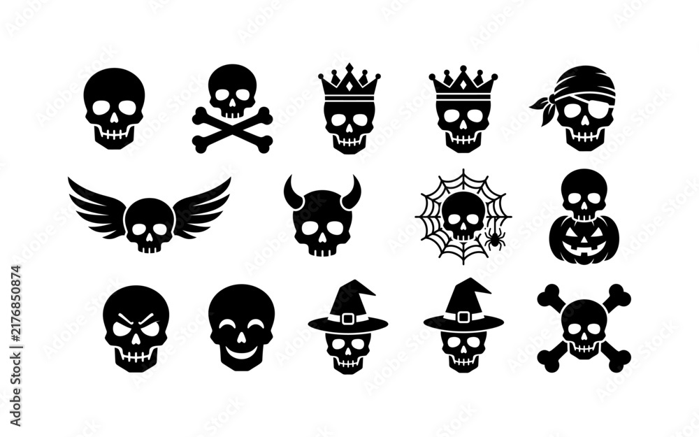 Obraz premium Set of various black skull icons and silhouettes for halloween design elements and gothic style art projects