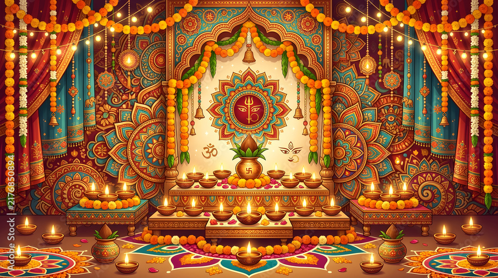 Fototapeta premium Ornate Navratri festival alter decoration with sacred kalash pot, glowing diya oil lamps, marigold garlands, and Goddess Durga mandala backdrop isolated with copy space.