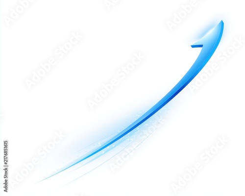 Glossy blue 3d arrow curving upwards with light streaks and sparkles isolated on white background