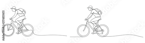 Cyclist riding mountain bicycle with backpack continuous line art vector outline eps 10