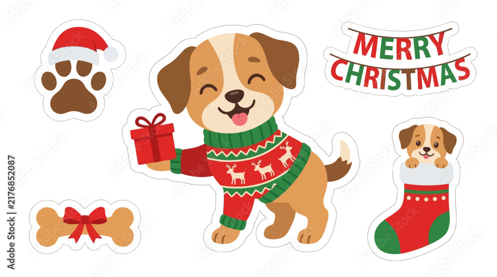 Fototapeta premium Cute christmas puppy sticker set with festive holiday decorations