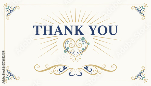 Elegant Thank You card featuring vintage navy blue typography with intricate gold swirls and a heart details.