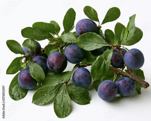 Fresh ripe purple plums with green leaves on a branch isolated on white background
