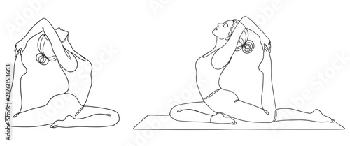 Woman practicing king pigeon yoga pose continuous line art vector illustration eps 10