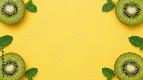 Kiwi fruit half mint leaf yellow background frame