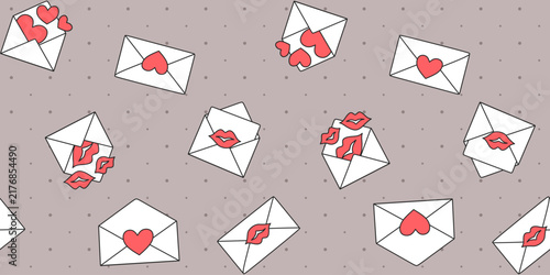 Mailing envelopes with red hearts and kisses on a light brown polka dot background. Valentine's day and wedding endless texture with love letters. Vector seamless pattern for surface texture and print