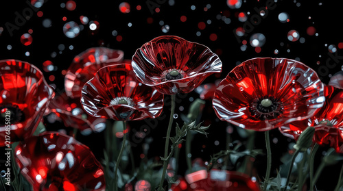 Red glass poppy flower bloom against dark background with floating droplets