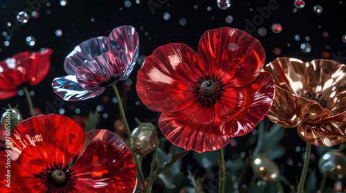 Red poppy flower and metallic blossom arrangement create vivid surreal garden scene