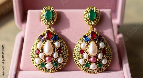 Pair of ornate drop earrings with gemstones and pearls earrings gemstones