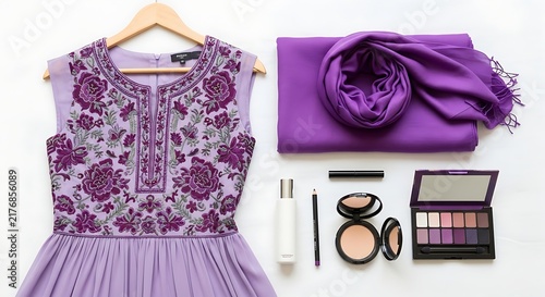 Elegant purple dress with matching makeup palette and scarf clothing cosmetics
