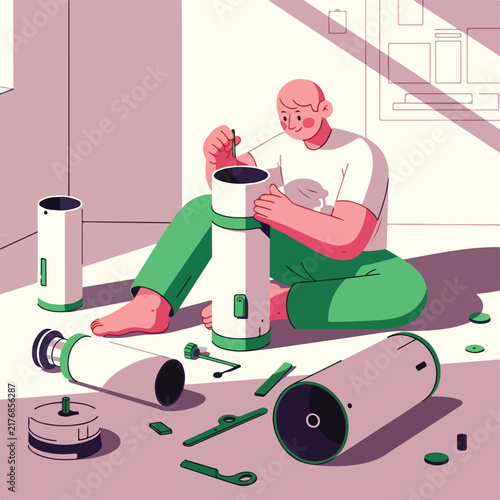 Person assembling a device in a room with geometric shapes