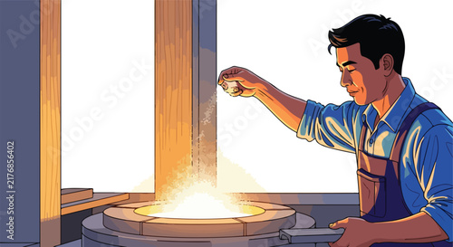 Worker adds material to glowing industrial furnace for processing