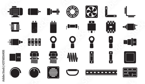Obraz na plátně Set of industrial machinery equipment and electric parts icons with electric com