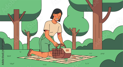 Woman unpacking picnic basket on blanket under trees