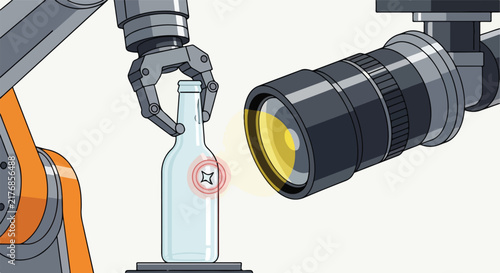 Robot arm inspects bottle for flaws with camera in factory