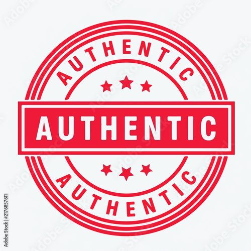 Red circular authentic badge icon featuring stars and bold text isolated on a clean white background