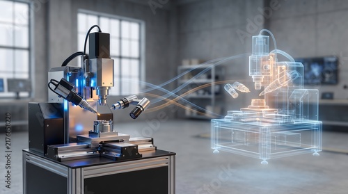 Industrial CNC Machine with Digital Twin Hologram in Smart Factory Environment