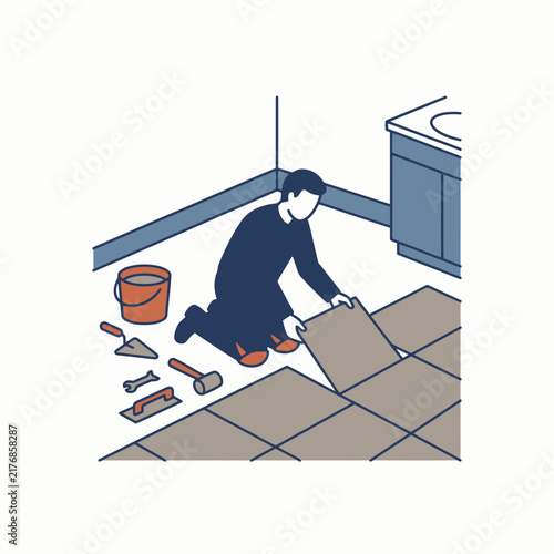 Worker installing tiles on bathroom floor carefully.