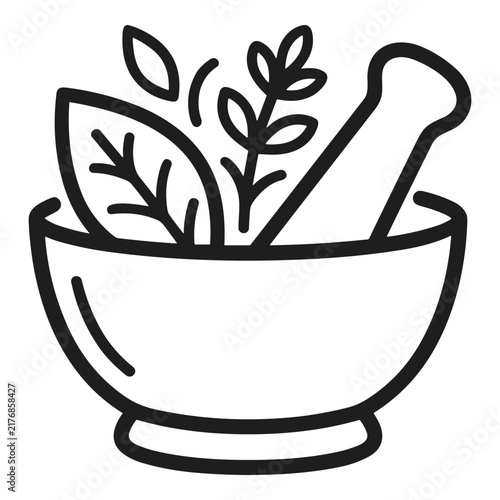 Mortar and pestle with herbs vector line icon for natural medicine
