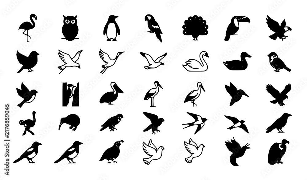 Fototapeta premium Wild Bird Silhouette Icon Collection Featuring Flying Eagle Swan Pelican Toucan Owl Penguin Flamingo and Dove Symbols for Nature Branding Graphic Design Vectors