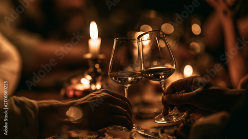 Two people clinking wine glasses during a candlelit dinner, capturing a warm intimate toast, celebration and romantic fine dining moment.